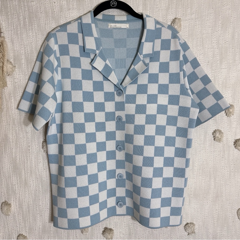 OAK + FORT Blue and White Checkered Button Down Shirt